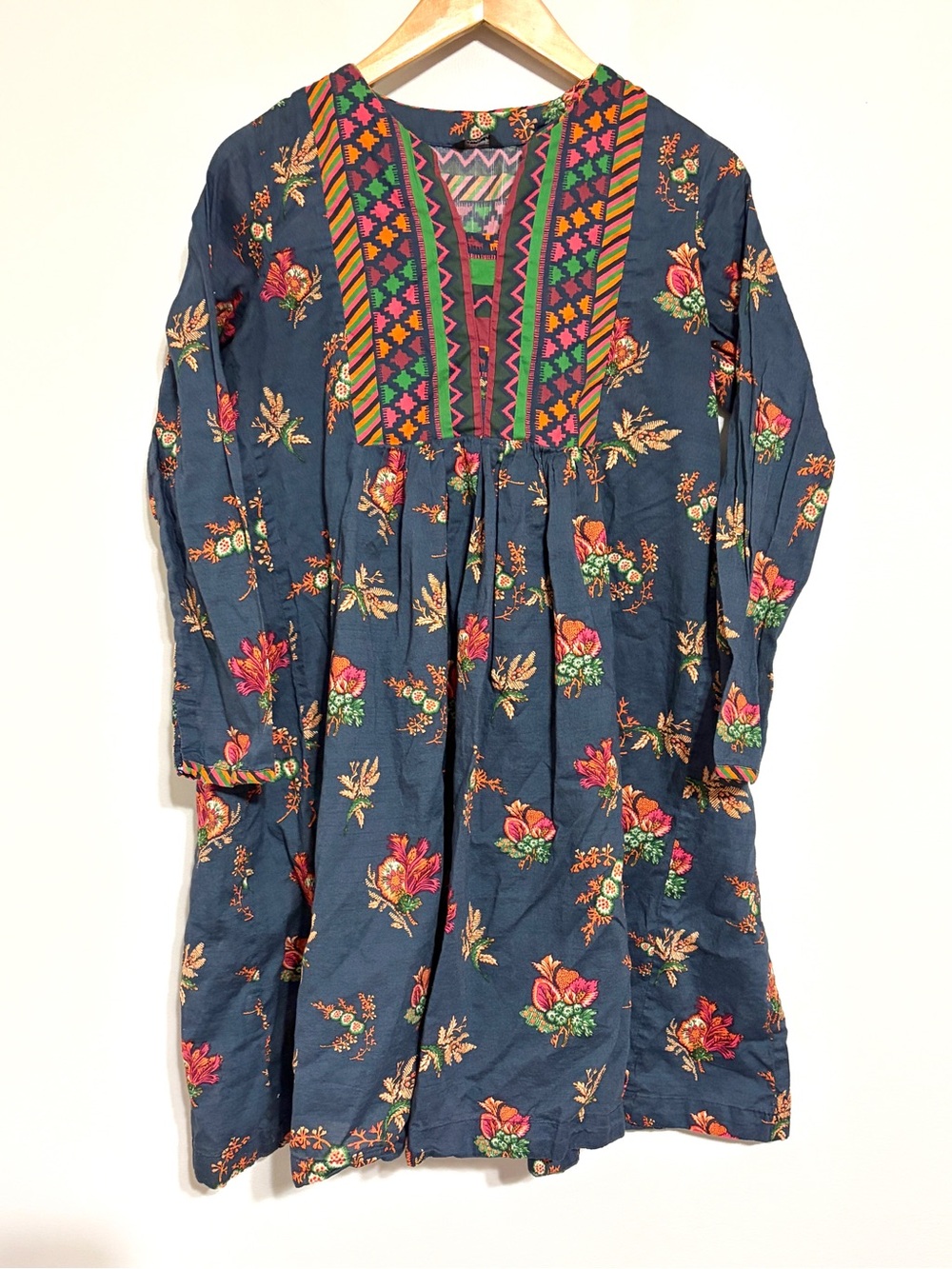 Navy Blue Floral Embroidered Open Collar Long-Sleeve Boho Tunic Top Size Small